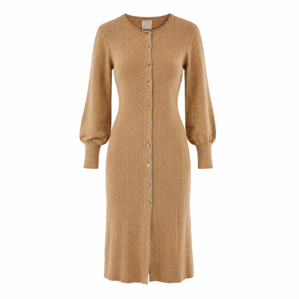 Kerisma Sweater Dress M/L Wool Blend Camel Quiet Luxury Minimalist Ribbed Midi